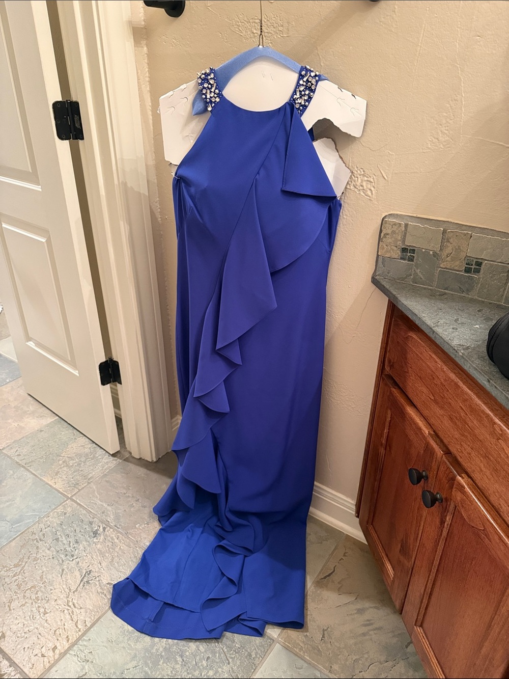Eliza J Cobalt Blue One-Shoulder Ruffle Gown